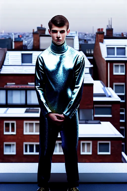 Image similar to un ultra high definition studio quality photographic art portrait of a young man standing on the rooftop of a british apartment building wearing soft padded silver pearlescent clothing. three point light. extremely detailed. golden ratio, ray tracing, volumetric light, shallow depth of field. set dressed.