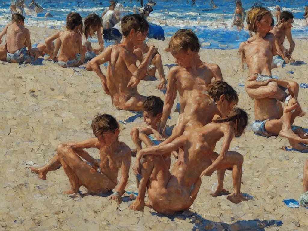 Image similar to on the beach, close up, heatwave, denis sarazhin, oil on canvas