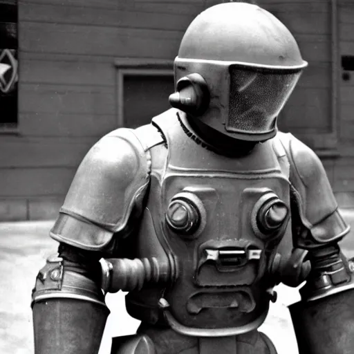 Image similar to war photography usa nuclear fission powered t - 5 1 b power armor 1 9 5 0 s