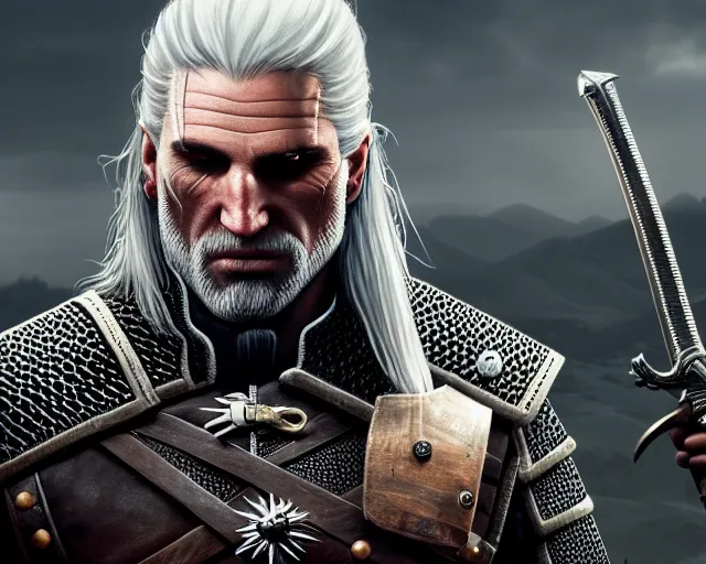 Image similar to 5 5 mm portrait photo of geralt of rivia holding a sword. magical atmosphere. art by greg rutkowski. highly detailed 8 k. intricate. lifelike. soft light. nikon d 8 5 0.