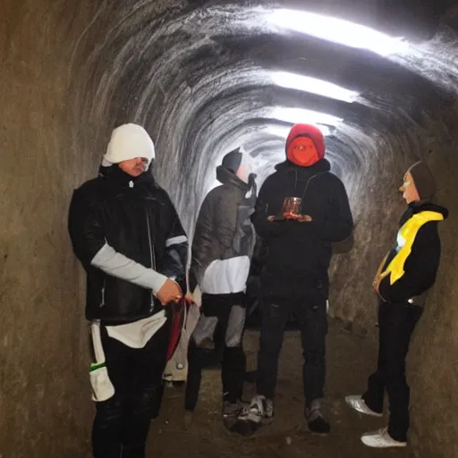 Prompt: chavs smoking and drinking in a dark tunnel both are wearing balaclavas, drum & bass, smoking joints