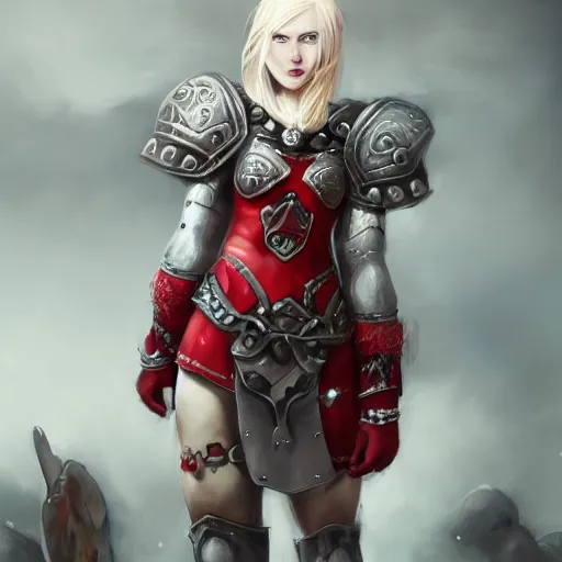 Prompt: a blonde - haired woman in heavy armor, red amulet on a necklace, gloomy atmosphere, trending on artstation, hyper detailed