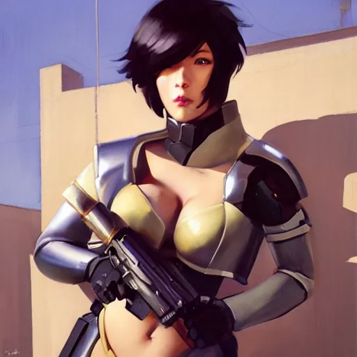 Image similar to greg manchess portrait painting of partially armored motoko kusanagi as overwatch character, medium shot, asymmetrical, profile picture, organic painting, sunny day, matte painting, bold shapes, hard edges, street art, trending on artstation, by huang guangjian, gil elvgren, ruan jia, greg rutkowski, gaston bussiere