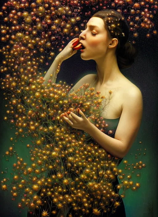 Prompt: hyper detailed 3d render like a Oil painting - Aurora (Singer) Eats of the Strangling Fruit and Her delicate Hands full of gossamer polyp blossoms bring iridescent fungal flowers whose spores black the foolish stars by Jacek Yerka, Mariusz Lewandowski, Houdini algorithmic generative render, Abstract brush strokes, Masterpiece, Edward Hopper and James Gilleard, Zdzislaw Beksinski, Mark Ryden, Wolfgang Lettl, hints of Yayoi Kasuma, octane render, 8k