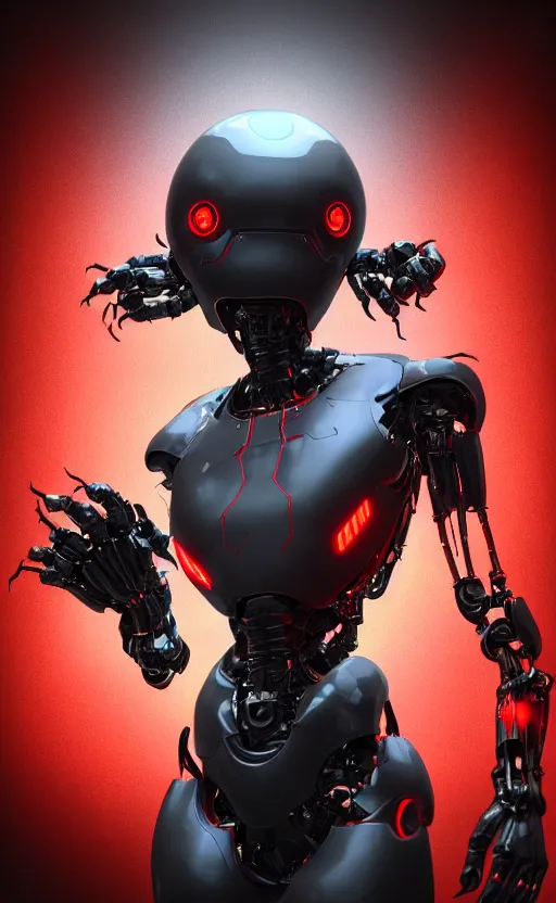 Image similar to a robot humanoid spider with 4 arms with claws, glowing red eyes, in a black carbon and red fiber armor, smiling creepily, dynamic lighting, photorealistic fantasy concept art, trending on art station, stunning visuals, creative, cinematic, ultra detailed