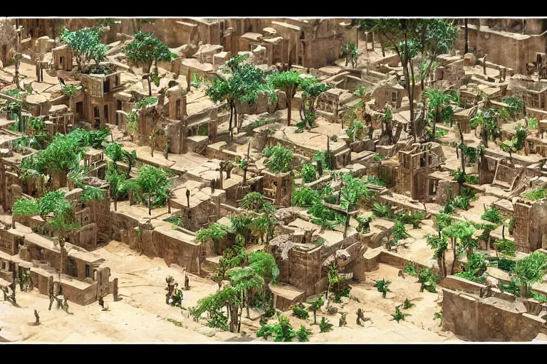 Prompt: ancient city of Babylon, hanging gardens of babylon. Robot mechas roaming the streers of ancient babylon. By mpemba nabulo, highly detailed