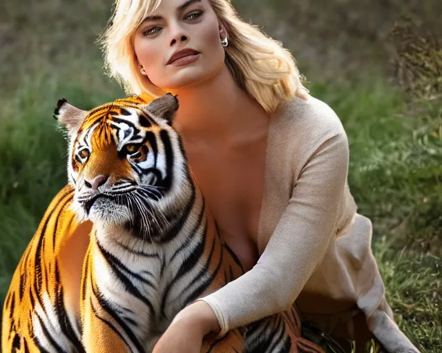 Image similar to A photo of margot robbie sitting on a tiger, highly detailed, detailed face, beautiful face, blue eyes, 4k, hd, sharp, cinematic