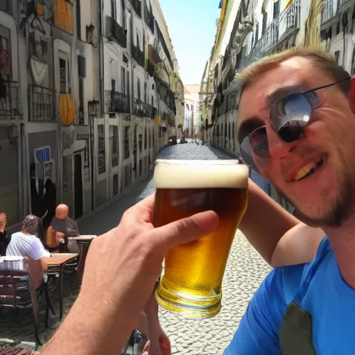 Image similar to 2 people drinking beers in lisbon