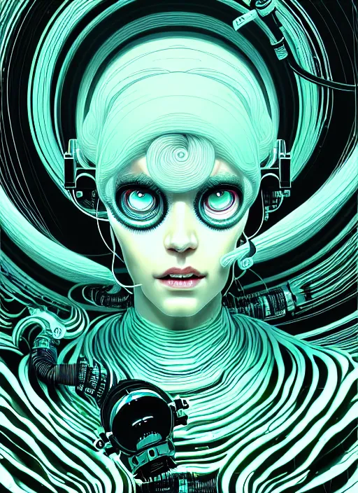 Prompt: highly detailed portrait of a biopunk long curly white hair tribal lady, stray wiring by atey ghailan, james gilleard, by joe fenton, by greg rutkowski, by greg tocchini, by kaethe butcher, 4 k resolution, gradient green, black and white color scheme!!! ( ( irradiated robotic spiral whirlwind background ) )