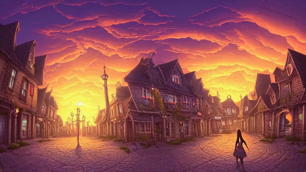 Prompt: empty lovecraftian town square surrounded by houses and inns at sunset. statue. lovecraftian city at sunset by cyril rolando and naomi okubo and dan mumford and ricardo bofill. lovecraft. cobbled streets. lovecraftian. sunset swirly sky.