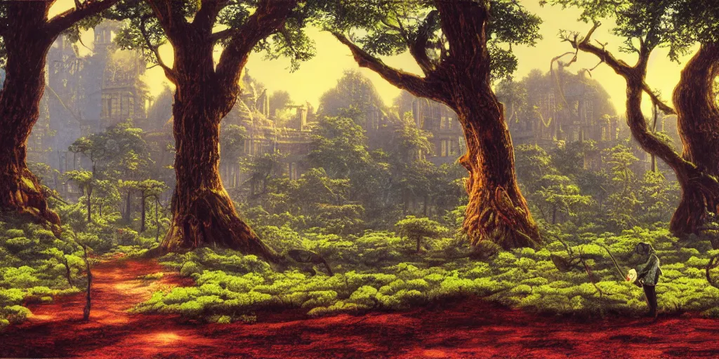 Image similar to Artwork by Tim White of the cinematic view of The Wood of Mirage, a Forest, with a mucid manor.