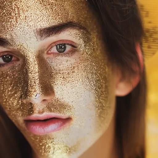 Image similar to a candid portrait of a brunette female, young, athletic, australian, pixellated face, wearing a gold tshirt in a kitchen, closeup