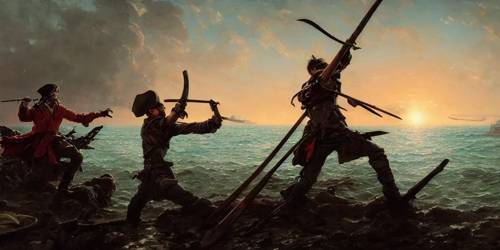 Image similar to two pirates facing each other in death duel, axes, gun, smoldering barrel, gunpowder smoke, dramatic, bloody scene, sunset background, ship on the horizon!, portrait 4 / 3, high detail, greg rutkowski, james gurney, gene wolfe, gustave dore, jesper ejsing, rhads, makoto shinkai, ilya kuvshinov