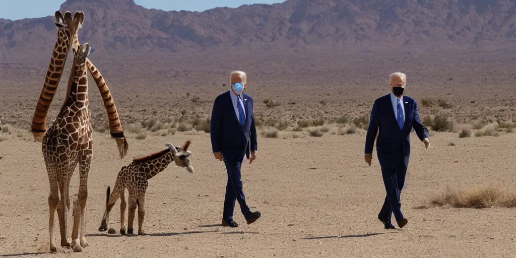 Prompt: Joe Biden in a giraffe suit , walking in the desert