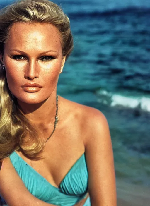 Image similar to A hyper realistic and detailed head portrait photography of Ursula Andress of Dr No walking on a secluded beach. by William Egglestone. Synthwave style. Cinematic. Golden Hour. Kodak Portra 400. Lens flare. 85mm lens