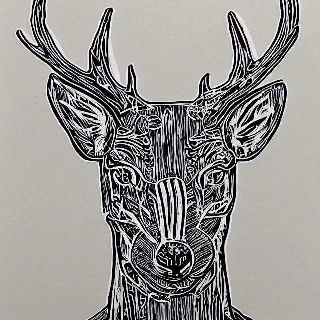 Prompt: linocut of cybernetic deer