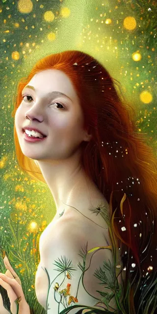 Image similar to young woman, serene smile, surrounded by golden firefly lights, amidst nature fully covered by a intricate detailed dress, long red hair, precise linework, accurate green eyes, small nose with freckles, smooth oval shape face, empathic, expressive emotions, spiritual scene, hyper realistic ultrafine art by artemisia gentileschi, jessica rossier, boris vallejo