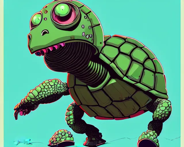 Image similar to a study of cell shaded cartoon of an adorable mechanized turtle with a tank treads, and a human head, illustration, wide shot, subtle colors, post grunge, concept art by josan gonzales and wlop, by james jean, Victo ngai, David Rubín, Mike Mignola, Laurie Greasley, highly detailed, sharp focus, alien, Trending on Artstation, HQ, deviantart, art by artgem