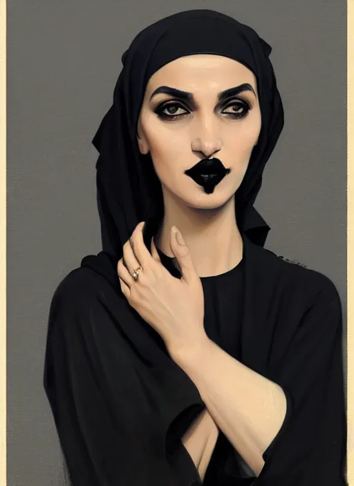 Image similar to portrait of an arab woman with a crooked nose and a confident expression, 1 9 6 0 s, black clothes, goth, punk, funk, intricate, elegant, highly detailed, digital painting, artstation, concept art, smooth, sharp focus, illustration, art by wlop, mars ravelo and greg rutkowski