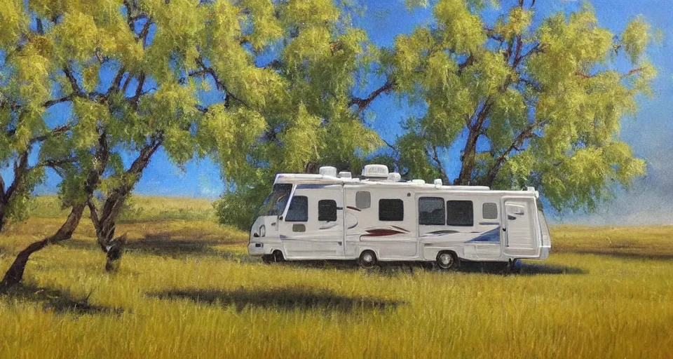 Image similar to an rv under a cottonwood tree, beautiful painting, oil on canvas, by ewa czarniecka, award winning masterpiece,