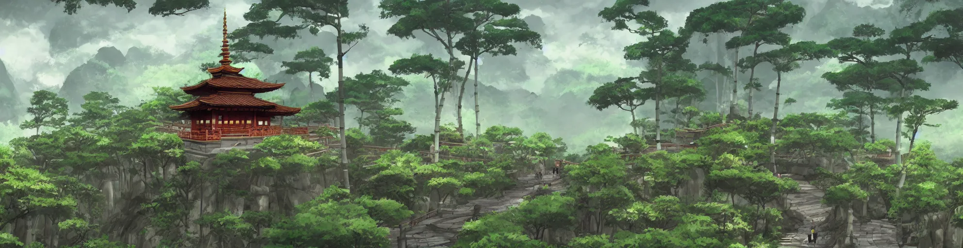Image similar to one pagoda with a path surrounded by mountains, stormy weather. Pandas in a bamboo forest. Makoto Shinkai, anime, trending on ArtStation, digital art.