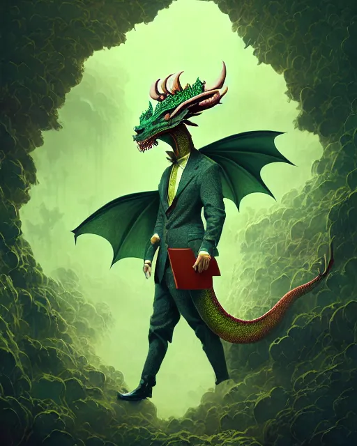 Image similar to anthropomorphic art of a businessman dragon, green dragon, portrait, victorian inspired clothing by artgerm, victo ngai, ryohei hase, artstation. fractal papers and books. highly detailed digital painting, smooth, global illumination, fantasy art by greg rutkowsky, karl spitzweg