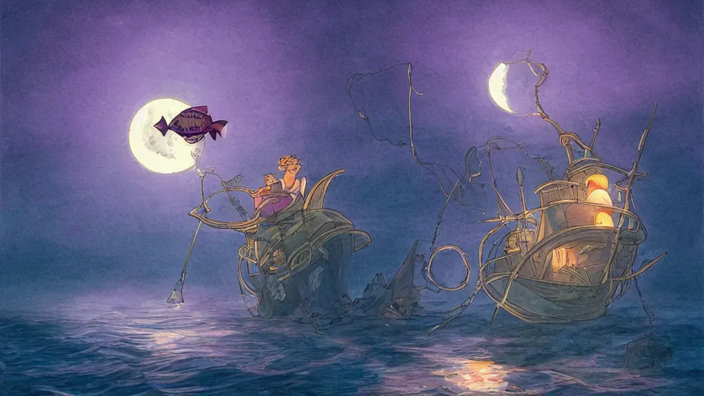 Prompt: a large!! surfacing!!! anglerfish!!!!! meets a lantern!! - holding!!!!! sailor!! on a ( sloop ), ( background with large full moon and purple sky ), in the styles of tom coletti, jorge jacinto, and thomas veyrat intricate, accurate details