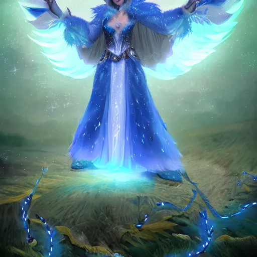 Prompt: a star skinned blue fox druid wearing a magically imbued ethereal elven ball gown made from clouds and peacock feathers with fairy lights inside the clouds to resemble stars, cloud mage robes, fantasy, proper anatomy, fantasy art, in the style of the dragon prince on netflix