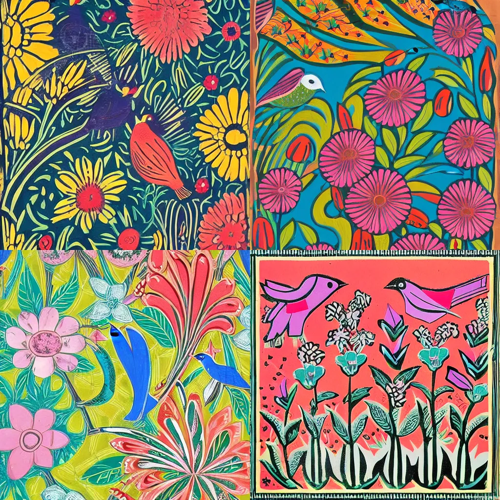 Prompt: a painting of birds and flowers on a wall, a silk screen by mary blair, behance contest winner, folk art, woodcut, repeating pattern, tarot card