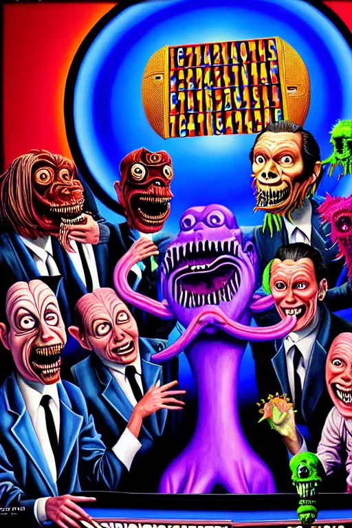 Prompt: a hyperrealistic painting of a trippy gameshow announcer with a panel of monsters playing jeopardy. cinematic horror by jimmy alonzo, the art of skinner, chris cunningham, lisa frank, richard corben, highly detailed, vivid color,