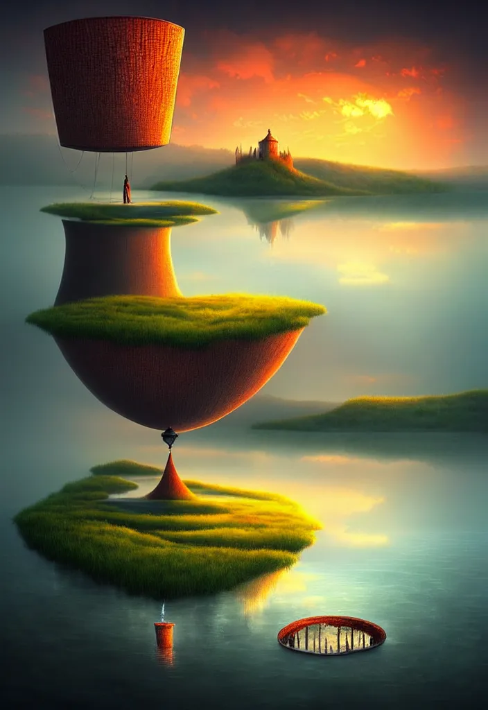 Image similar to a surreal landscape at sunset with a immense gigantic ornated iron chalice cup with a lake inside, water in excess dropping by gediminas pranckevicius