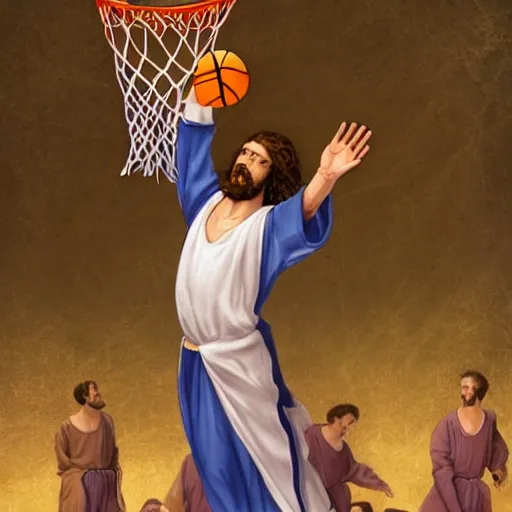 Prompt: Jesus wearing robes dunks a ball in the net while in a basketball court, hd