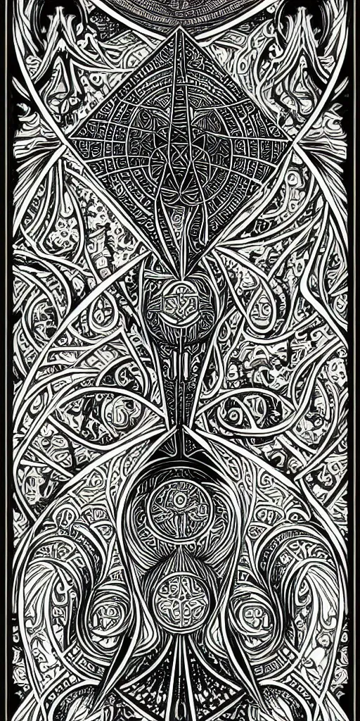 Image similar to a beautiful black and white fractal tarot card featuring bold occult imagery with clean lines. circuit board. detailed adult coloring book