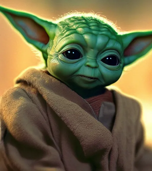 Image similar to a closeup portrait of Baby Yoda by Craig Mullins; extraordinarily-ugly; realistic-lighting; anatomically-correct; 90mm; f/1.4