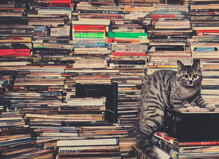 Image similar to photography of a Cat sitting on a pile of books and vinyls. a record player is in the shot. in a room full of vinyls and posters out of the 70's, photorealistic, raining award winning photo, 100mm, sharp, high res