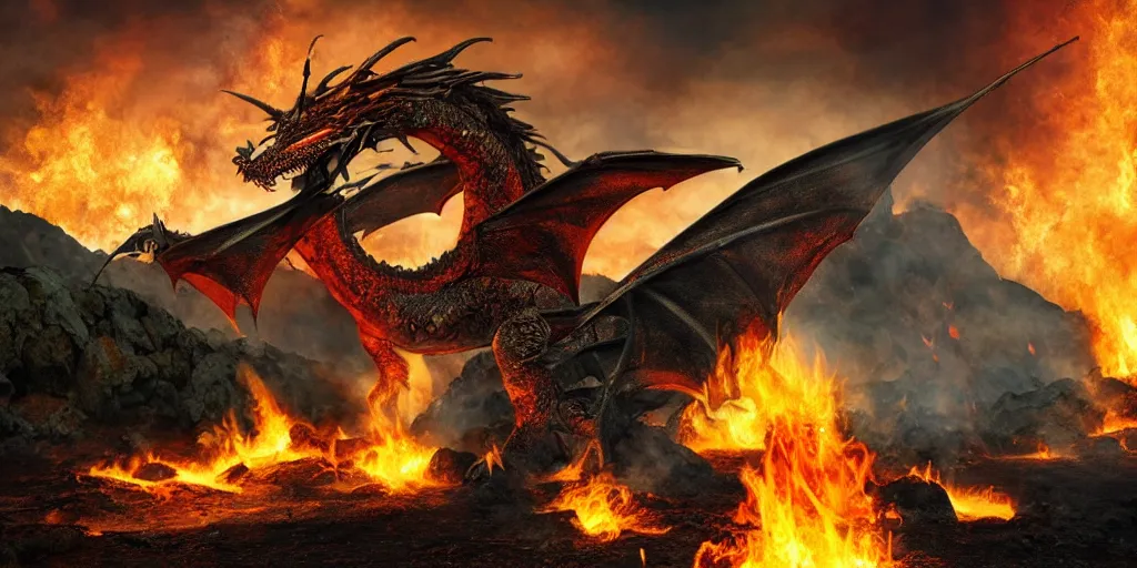 Prompt: dragon war, volcano, fire,