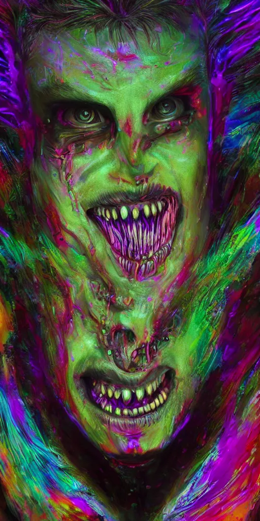 Prompt: impossibly beautiful portrait of alien shapeshifter entity, insane smile, intricate complexity, surreal horror, inverted neon rainbow drip paint, trending on art station, photoreal, 8 k, octane render by greg rutkowski