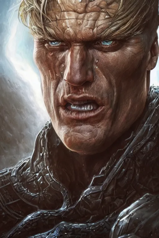 Image similar to closeup portrait shot of dolph lundgren as destruction of the endless, the sandman herculean thanos, conan the barbarian, highly detailed, digital painting, artstation, concept art, soft focus, depth of field, artgerm, tomasz alen kopera, peter mohrbacher, donato giancola, wlop, boris vallejo