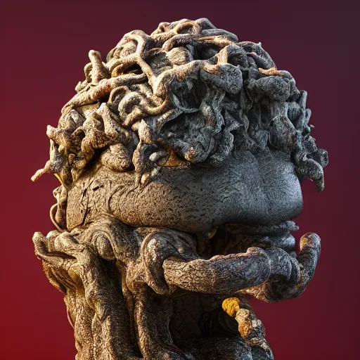 Image similar to incredibly detailed 100 year old Morton Bay fig bonsai planted in, Upside-down ancient intricate red samurai helmet, volcanic rocks, photorealistic, vulumetric lighting, exquisite detail, vray 4k highly detailed, no dof