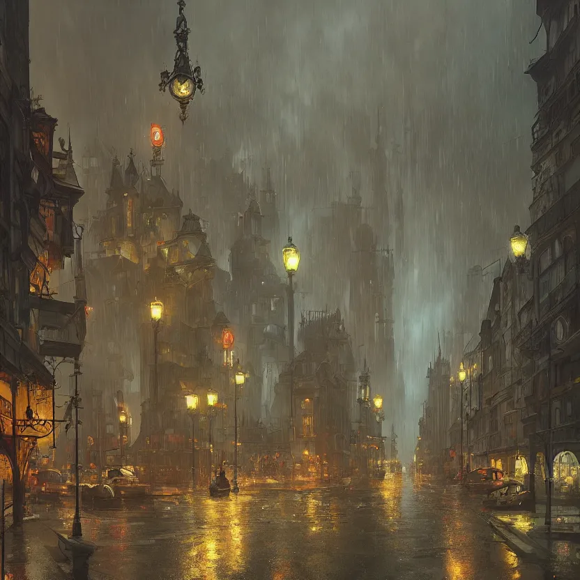 Image similar to polish city with rainy and moody cinematic lighting by darek zabrocki and greg ruthkowski, alphonse mucha, simon stalenhag and cinematic and atmospheric, concept art, artstation, trending on artstation