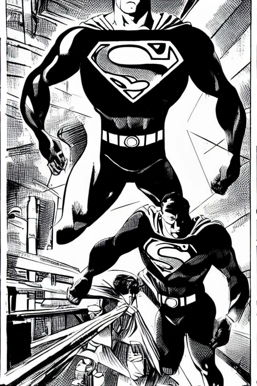 Prompt: a mechanical superman being activated in a top secret government lab, in the style of neal adams