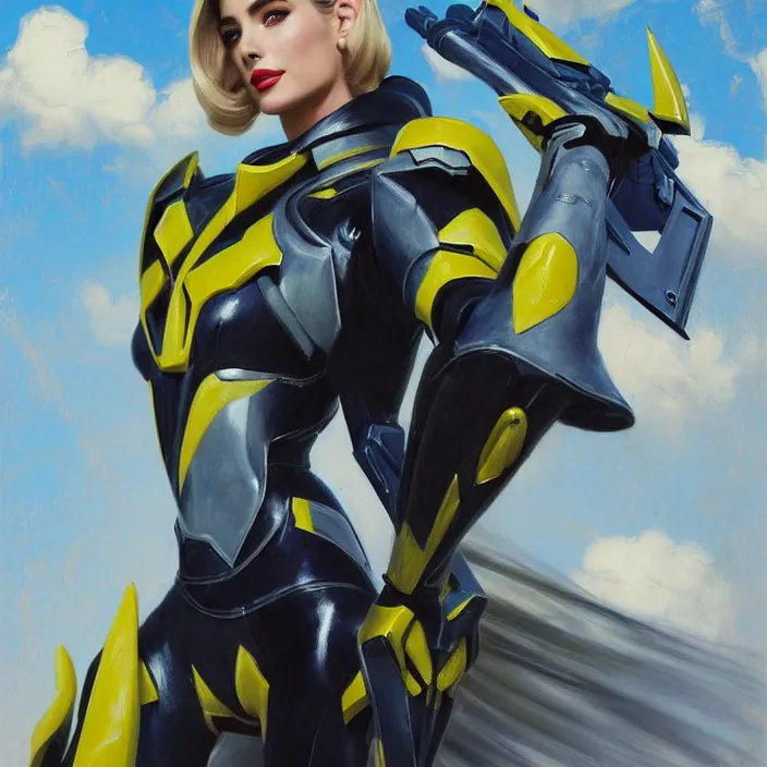 Image similar to A combination of Adriana Dxim's and Grace Kelly's and Ashley Greene's appearances with blonde hair wearing Interceptor's armor from Anthem, countryside, calm, fantasy character portrait, dynamic pose, above view, sunny day, thunder clouds in the sky, artwork by Jeremy Lipkin and Giuseppe Dangelico Pino and Michael Garmash and Rob Rey and Greg Manchess and Huang Guangjian, very coherent asymmetrical artwork, sharp edges, perfect face, simple form, 100mm