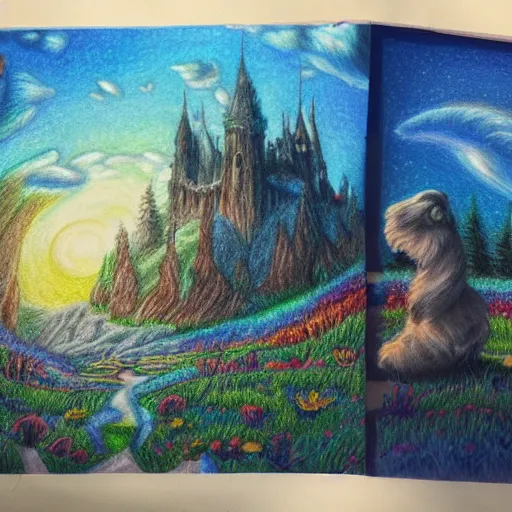 Image similar to Colored pencil art on paper, highly detailed, artstation, People, Animals, Magical Creatures, buildings, scenery, items, enchanted landscapes, PrismaColor