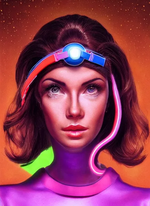 Image similar to gorgeous android woman facial portrait dressed in an aerobic outfit of the eighties with head band, retro, beautiful lights, vintage look, depth of field, hyper realistic, illustration, airbrush, 8 k, intricate, duo tone, art by david la chapelle and philip castle, artgerm