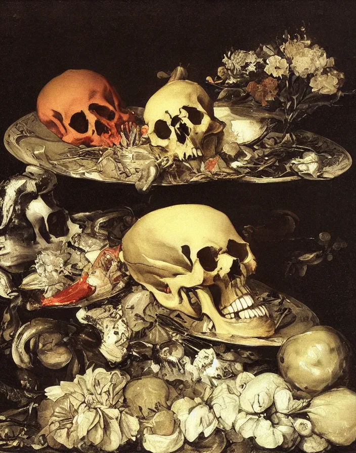 Prompt: still life painting with a single skull on a silver platter surrounded by dead flowers and rotten fruit, lit by a single candle by Diego Velázquez and francisco goya, wet, slimy