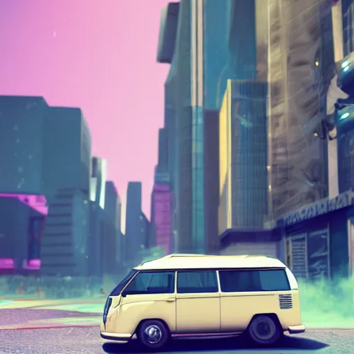 Prompt: VW Microbus driving, environment, cyberpunk city, Synthwave, realistic, render, artstation