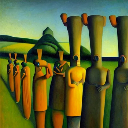 Image similar to robot druids in a grand processional, grant wood, pj crook, edward hopper, oil on canvas