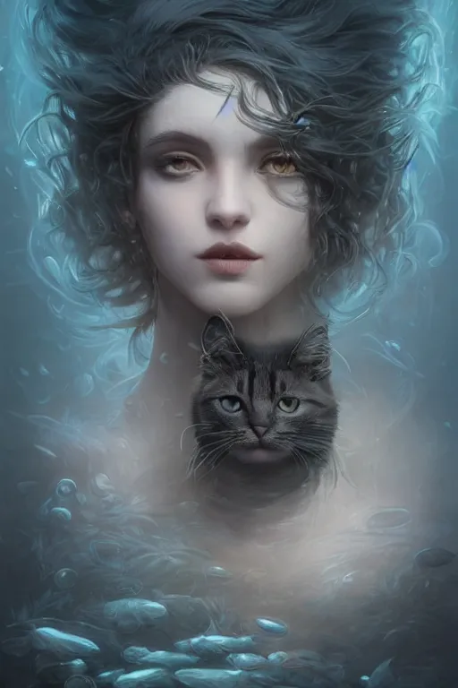 Prompt: a cat goddess!! standing in a windy murky underwater garden! with a beautiful symmetrical face!!! full body portrait, smooth, sharp focus, cinematic lightning, murky dusty deep, smoky eyes, isolated, studio lighting by artgerm yuri shwedoff and tom bagshaw