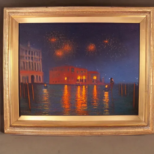 Image similar to an oil painting of couple kissing, in a background fireworks in venice