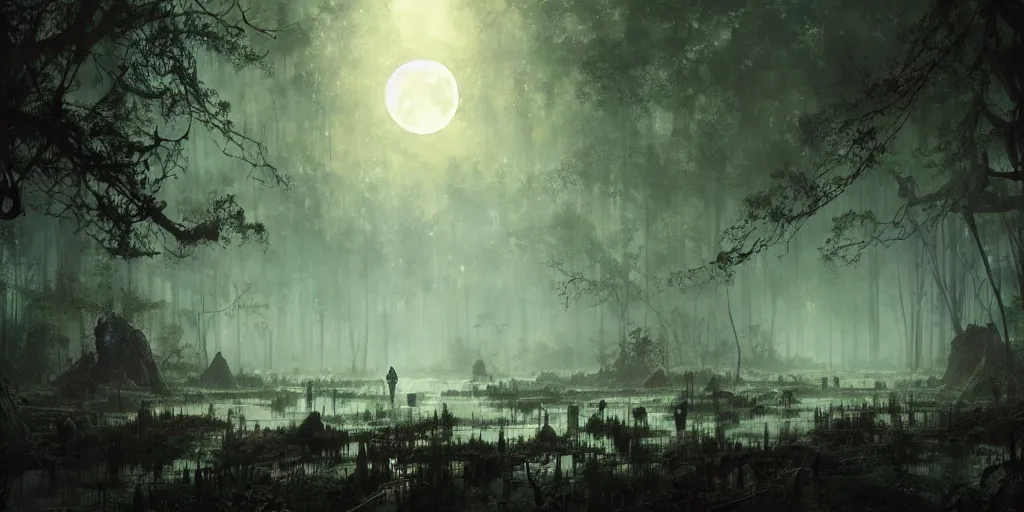 Prompt: a dark lush swamp at nighttime, glowworms hanging from the trees, cloudy obscured moon, fantasy digital painting, stunning intricate details, artwork by ross tran and greg rutkowski